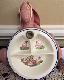 Antique Childs Dish with Warmer, Hand Sewn Bunny