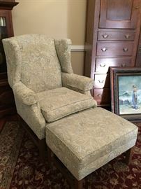 Wing Back Paisley Print Arm Chair and Ottoman