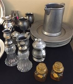 Assorted Pewter, Crystal Silver Top Powder Dusters, Amber Jars with Tops