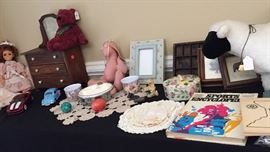 Dolls, Salesman Sampler, Books, Lamb, Picture Frames, Marble Eggs, Dollies