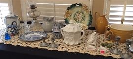 Hurricane Oil Lamp, Milk Glass, Hand Painted Decorative Plates, Pewter Candlesticks, Owl Napkin Rings, Crocheted Runner
