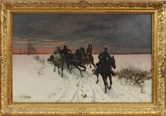 JAN VAN CHELMINSKI (POLISH, 1851–1925), OIL ON CANVAS, CANVAS SIZE: H 28", W 40 1/2", TROIKA IN THE SNOW
Lot # 2009