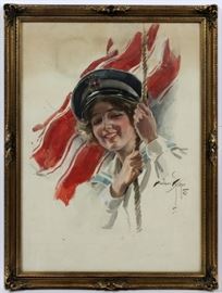 HARRISON FISHER (AMERICAN 1877-1934), WATERCOLOR, H 21", W 16", "PORTRAIT OF A YOUNG WOMAN WEARING A NAVY HAT"
Lot # 2033