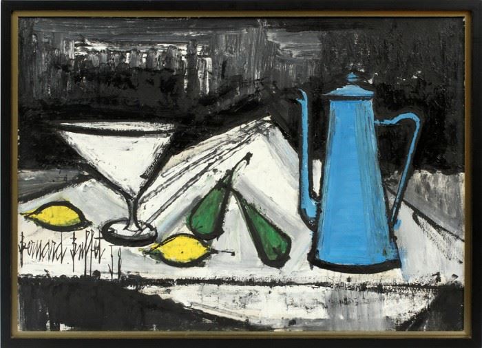 BERNARD BUFFET (FRENCH 1928-1999), OIL ON CANVAS, H 18", W 25 1/2", "LE CAFETIERE BLUE"
Lot # 2044