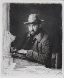 MURHEAD BONE (BRITISH, 1876–1953), ETCHING WITH DRYPOINT, 1908, H 6", W 5", "SELF PORTRAIT"
Lot # 2170 