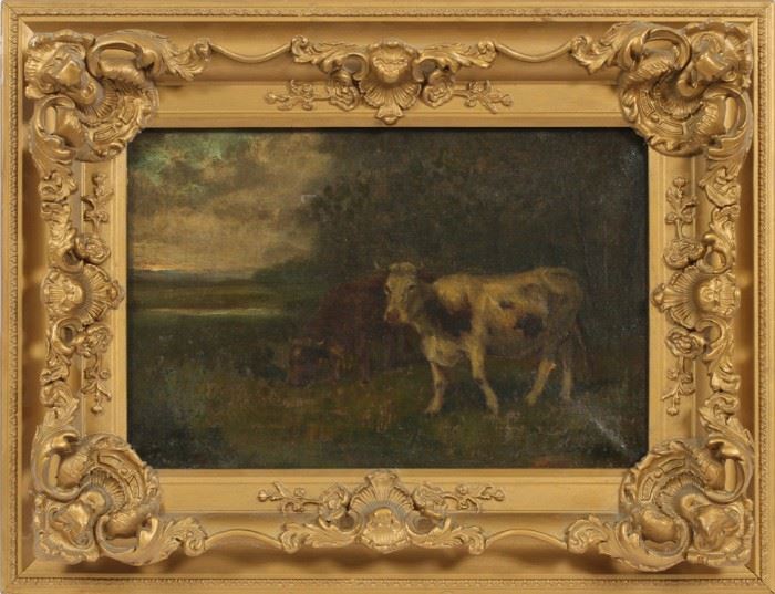 OIL ON CANVAS 19TH C., H 12", W 18", PASTORAL LANDSCAPE WITH STEERS
Lot # 2231 