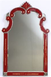 DECORATED RED GLASS FRAME WALL MIRROR WITH 'C' SCROLLS, MODERN, H 43", W 28"
Lot # 2265 