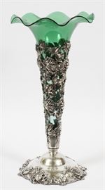 WRIGHT KAY STERLING SILVER AND EMERALD BLOWN GLASS TRUMPET VASE 1909 H 20 1/2'', DIA 101/4''
Lot # 1003 