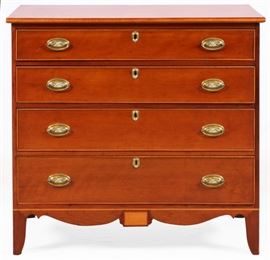 MASSACHUSETTS CHERRYWOOD CHEST OF DRAWERS WITH MAPLE INLAY, C. 1800, H 39 1/4", W 40 1/2"
Lot # 1021 