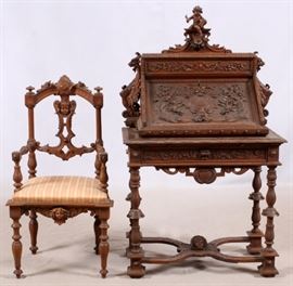 ITALIAN CARVED WALNUT SLANT FRONT DESK ALSO CHAIR, 19TH.C., H 54'', W 31 1/2'', D 17 1/4''
Lot # 1033 