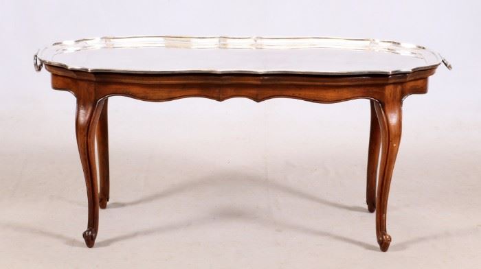 WALNUT OCCASIONAL TABLE WITH GERMAN SILVER PLATE TRAY TOP, H 20", W 43", D 17 1/2"
Lot # 1103 