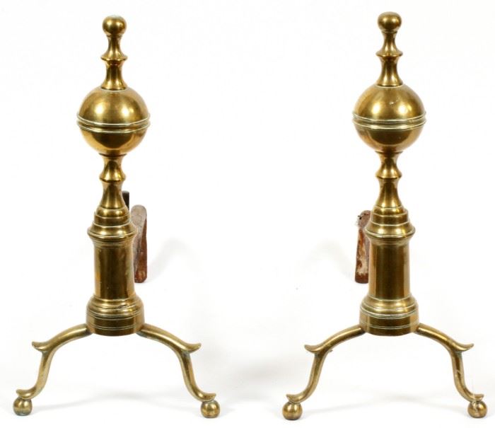 AMERICAN CAST BRASS STEEPLE-TOP ANDIRONS, EARLY 19TH C., PAIR, H 17", W 8 1/4", D 18 1/2" (APPROX.)
Lot # 1220 