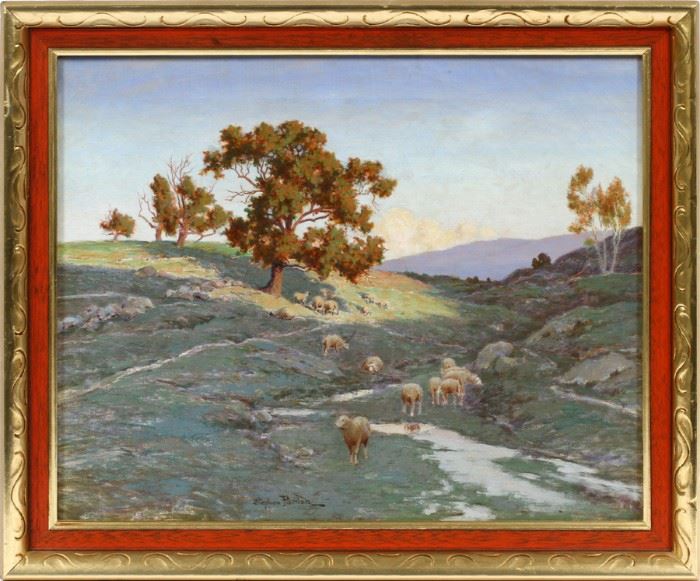STEPHEN PARRISH (AMERICAN 1846-1938), OIL ON CANVAS, C1900, H 16", W 20", (PAINTING), LANDSCAPE WITH SHEEP
Lot # 0021 