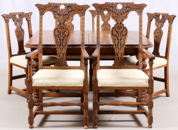 EUROPEAN CARVED OAK DINING SET, 8 PCS TABLE, HUTCH, 6 CHAIRS
Lot # 0101 
