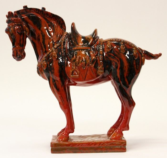 ROYAL DOULTON 'FLAMBE' GLAZE LIMITED EDITION, PORCELAIN TANG HORSE SCULPTURE, #67/250, SIGNED, 2002, H 11", L 11", "THE YEAR OF THE HORSE, 2002"
Lot # 0211 