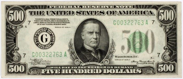US $500 FEDERAL RESERVE NOTE, 1934 A
Lot # 0312 