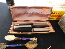 Parker 51 Pen and Pencil set. (in black with gold top) Also, a Parker pen in red. (not part of the set)