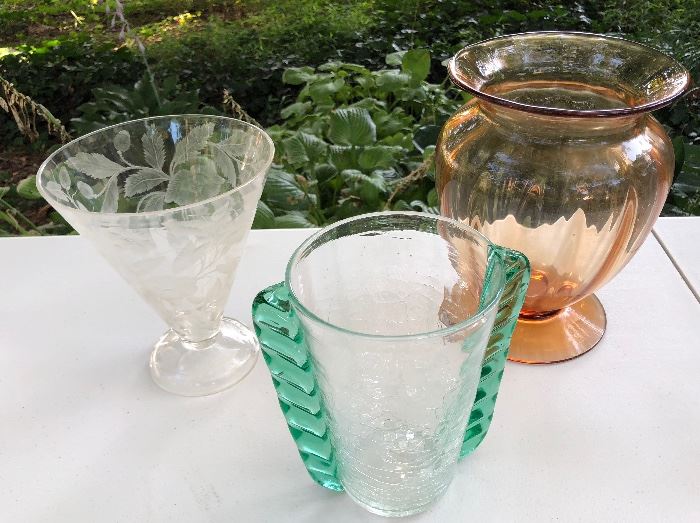 Vintage depression glass including Blenko crystal vase with green wings