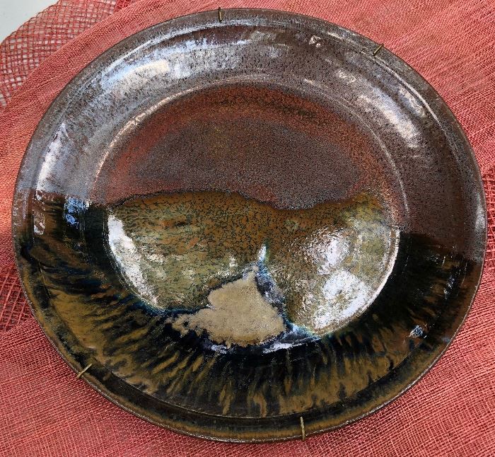 Gorgeous mid-century art pottery of mountains and stream/river