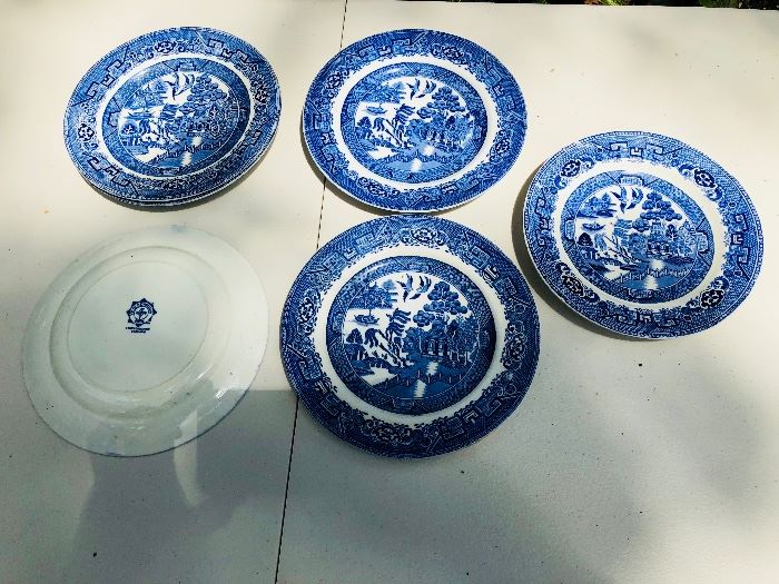 Staffordshire Blue Willow plates and a serving dish