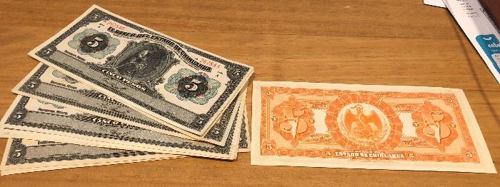 Uncirculated Five Peso Bills from El Banco Del Estado De Chihuahua