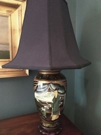 Me love you long time Asian table lamp, with shade , finial.