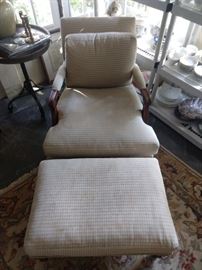 Nice upholstered armchair, with matching ottoman, by Beverly Furn, Co., Pico Rivera, CA.