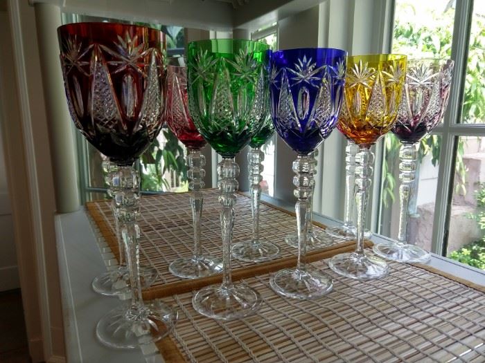 Wonderful set of 10, rainbow-hued cut-to-clear tall wine stems.                                                                                                         You don't have to be Dorothy to enjoy a few bottles of wine in these lovely things - life's too short to drink out of plastic glasses, class up yo' ass and buy these!