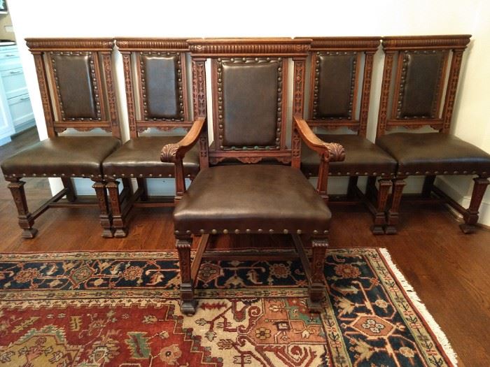 LOVELY set/6 antique English carved oak/leather chairs with extra butch brass tacks, for that castle look you've been so striving to achieve; single armchair and five sides.