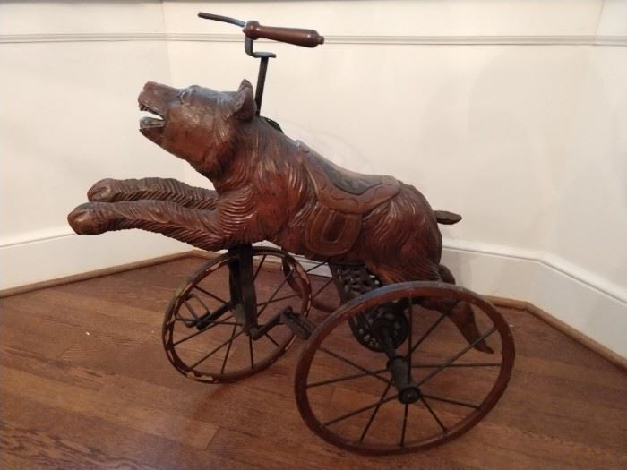 Here's something you won't see very often: a ca. 1910-1930 hand carved German Black Forest bear tricycle! 