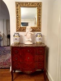 Louis XV commode with pair of Asian porcelain urs, hand carved white marble bust of girl, with antique gold gilt mirror. 