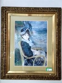 Antique gold gilt frame, with wavy glass with Renoir Art Print "Victorian Lady in Blue Bonnet Hat Knitting by Guernsey Seashore".