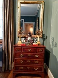 Perfect size 6-drawer Henredon *Aston Court*  chest, with faux bamboo mirror above, pair of antique French bronze/marble candlesticks and vintage Petite Choses large  blackamoor figure with bird cages.