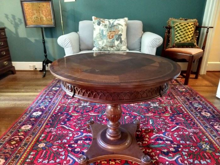 LOVE this small, round mahogany table with all its inlay and thoughtful details, atop a hand woven Persian Mahal rug, measuring 6' 10" x 10'.