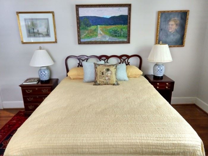 Queen size bed, with mahogany headboard, new-ish Original Mattress Factory pillow top mattress.