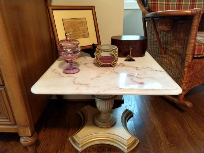 One of a pair of MCM Belgian Florentine wooden side table, with marble tops, by U. Cordiez.