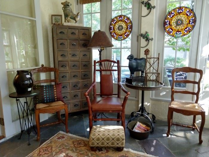 A pair of snazzy round, stained glass panels, a handmade American Hickory chair, with leather back and seating area, froggy embroidered footstool, pair of wall-crawling geckos - EEKK!!!