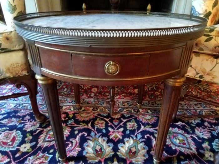 Vintage marble topped French Louis XVI style bouillotte table, w/ bronze mounts, brass gallery, single drawer.