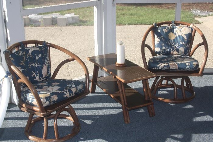 MID CENTURY BAMBOO - RATTAN CHAIRS AND TANLE