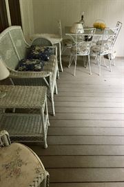 White wicker porch furniture, table and 4 chairs