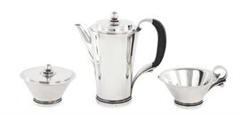 Lot 12 A Danish Art Deco sterling silver three piece coffee service  
Lot 12 Designed by Harald Nielsen for Georg Jensen Silversmithy, Copenhagen, circa 1933-1944 
#600, comprising a coffee pot, a cream jug and a sugar bowl  