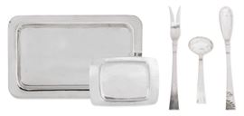 Lot 14 An assembled five piece collection of American hand hammered sterling silver Modernist flatware and servingware  
By Allan Adler and Porter Blanchard, California, mid-20th century 
Comprising: a long rectangular platter, a small rectangular tray and a Sunset pattern ladle and a serving fork and spoon  