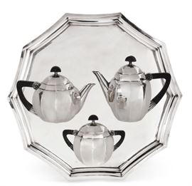 Lot 17 A French Art Deco silverplate part tea and coffee service  By Christofle Orfèverie 'Gallia', Paris, circa 1930 
Comprising: a coffee pot, a teapot, a covered sugar bowl and a matching tray  