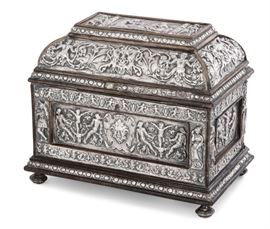 Lot 31 An Italian Renaissance style repousse silver clad table casket  
Apparently unmarked, 20th century 