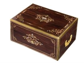 Lot 38 A Napoleon III brass, copper and pewter inlaid palissander table box 
third quarter 19th century 
 Incised TH Annee.rue chapon 22 PARIS, lacking interior fitting.  