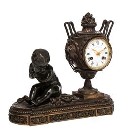 Lot 45 A French patinated and gilt bronze mantel clock 
late 19th century 
The dial inscribed CHAMPION R. N.ve DES PTS CHAMPS 21, the twin train movement with outside count wheel striking on a bell, the backplate impressed 1764.  