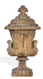 Lot 53 A pair of Neoclassical style tinted terracotta jardinières on pedestals 
20th century 