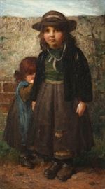 Lot 54 Continental School  
(late 19th century) 
Two young girls before a brick wall 
oil on canvas 
signed D.W. lower left  