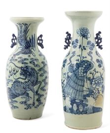 Lot 63 A matched pair of Chinese blue and white baluster vases  20th century 
One decorated with a peacock, the other with a phoenix and a dragon.  