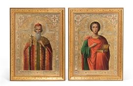 Lot 88 A companion pair of Eastern Orthodox painted icons depicting saints  
Various artists, 19th/20th century 
One a woman, the other a martyred man, framed on board.  